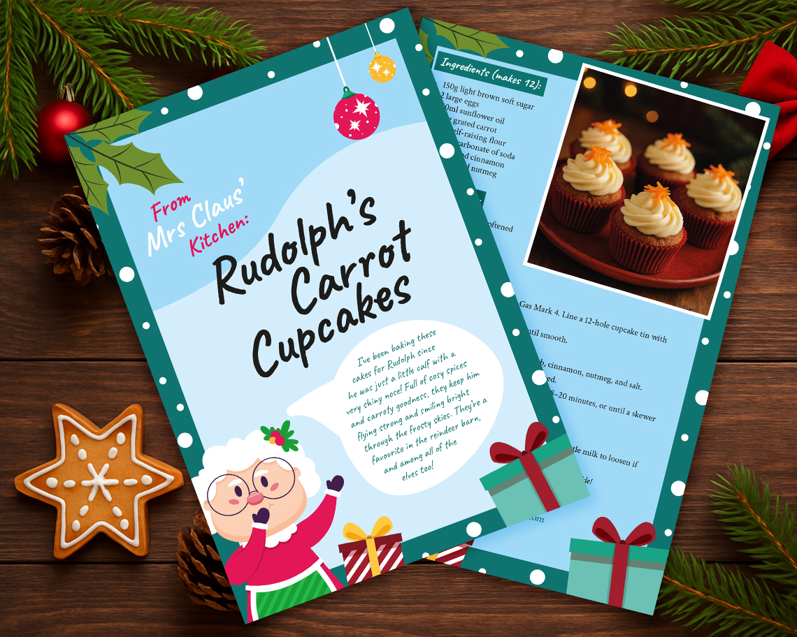 Mrs Claus' Kitchen: Rudolph's Carrot Cupcakes Recipe Card