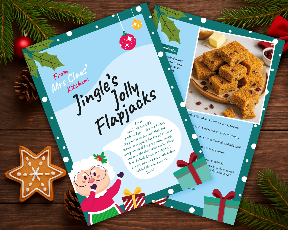 Mrs Claus' Kitchen: Jingle’s Jolly Flapjacks Recipe Card